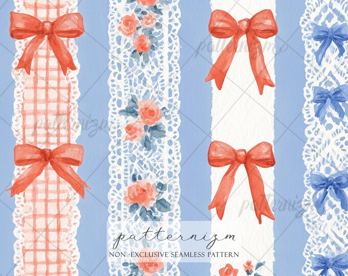 Seamless Coquette Ribbon Pattern Digital Download – 4th of July Lace & Bow Design, Vintage Americana Floral Stripe, Cottagecore Fabric Print