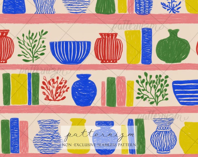 Colorful Bookshelf Seamless Pattern – Vases, Books & Plants, Librarian Gift Design, Whimsical Home Decor Digital Download