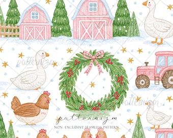 Christmas Farm Seamless Pattern Digital Download, Pink Barn Chicken Goose Tractor Holiday Repeat Design