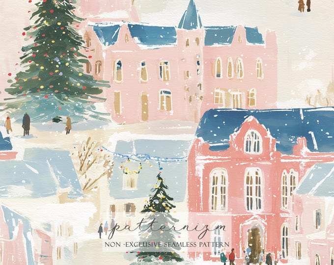 Pink Winter Village Seamless Pattern – Christmas Town, Snowy Trees and Cozy Streets, Watercolor Digital Paper for Crafts