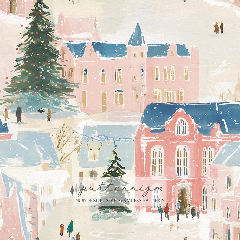 Pink Winter Village Seamless Pattern – Christmas Town, Snowy Trees and ...