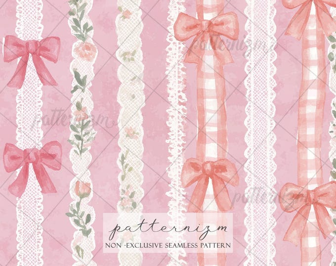 Seamless Pink Coquette Pattern Digital Download – Lace Bow Stripe Design, Shabby Chic Floral Gingham Print, Baby Girl Fabric