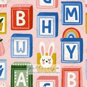 May include: A seamless pattern on a light pink background featuring colorful square blocks with letters B, H, W, Y, and A. The design includes a white rabbit face with pink ears and a rainbow graphic. The text patternizm non-exclusive seamless pattern is visible.