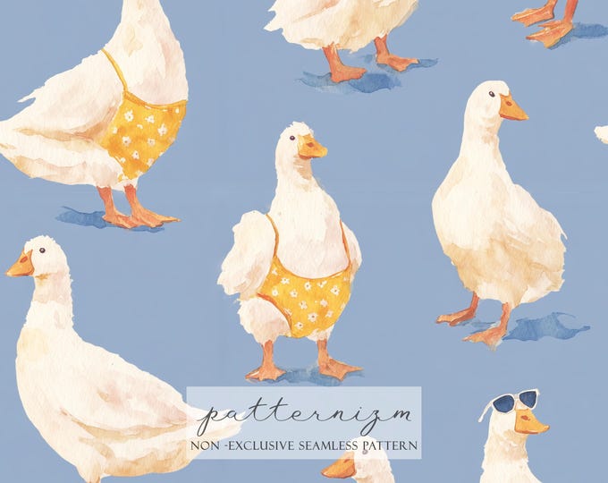 Funny Silly Goose Seamless Pattern Digital Paper – Playful Watercolor Geese Illustration for Summer Fabric