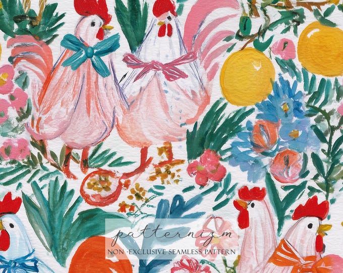 Romantic Chicken Seamless Pattern – Watercolor Hens and Roosters with Bows and Flowers, Farm Animal Digital Paper for Spring