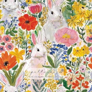 Colorful Bunny Floral Digital Paper – Seamless White Rabbits with Bright Spring Flowers for Easter Crafts, Nursery & Wrapping Paper