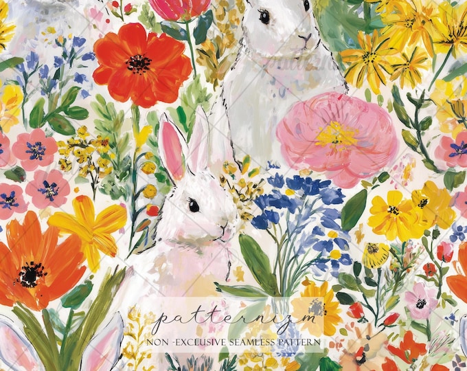 Colorful Bunny Floral Digital Paper – Seamless White Rabbits with Bright Spring Flowers for Easter Crafts, Nursery & Wrapping Paper