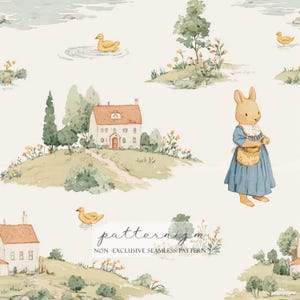 以下が含まれることがあります： 青いドレスを着たウサギ、アヒル、家、風景の繰り返し模様が特徴の水彩イラスト。デザインは、ヴィンテージな美学を持つソフトなパステルカラーパレットです。「patternizm」の文字が見えます。