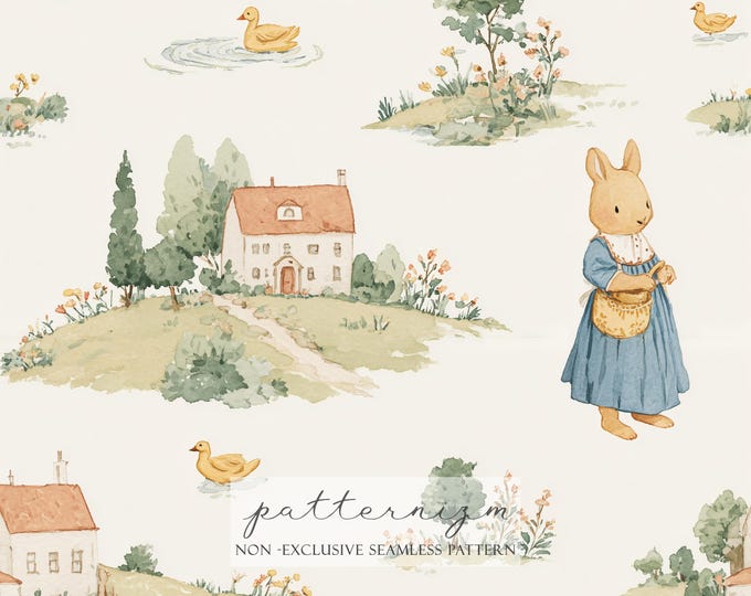 Storybook Easter Bunny Seamless Pattern – Village Rabbit Digital Download, Nursery Animal Art, Whimsical Cottagecore Forest Fabric Design