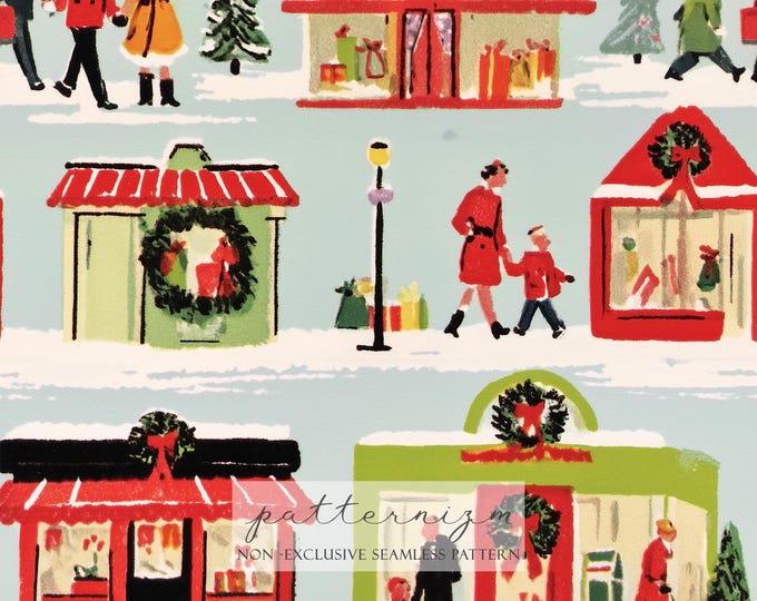 Seamless Christmas Village Pattern Digital Download – Holiday Market Shops & Winter People Scene, Retro Festive Fabric Design