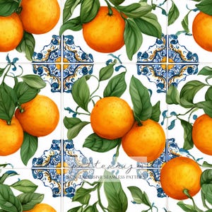 May include: Seamless pattern featuring watercolor illustrations of oranges with green leaves and branches. The design includes white tiles with blue and yellow decorative patterns. The text "patternizm" and "NON EXCLUSIVE SEAMLESS PATTERN" are visible.