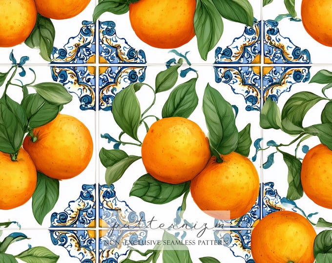 Orange Tile Seamless Pattern Digital Paper – Mediterranean Citrus Fruit with Blue Ceramic for Kitchen Decor & Printable Crafts