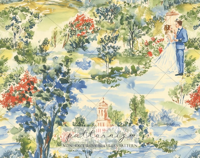 Seamless Romantic Garden Pattern Digital Download – Vintage Couple in Landscape Scene, Love Wedding Story Fabric Print