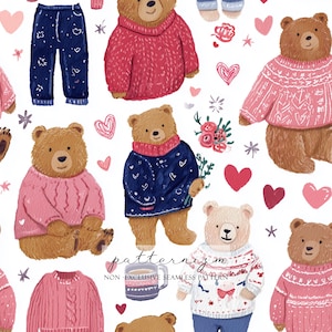 Puede incluir: Patrón repetitivo de osos de peluche marrones con suéteres y pijamas, intercalados con corazones, flores y copos de nieve. Los osos están en diferentes poses. También está presente el texto "patternizm" y "NON-EXCLUSIVE SEAMLESS PATTERN".