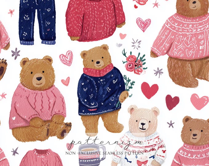 Cute Teddy Bear Sweater Seamless Design, Pink Love Hearts Nursery Repeat for Kids Fabric