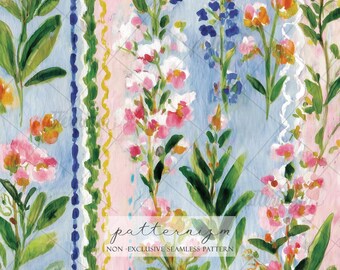 Seamless Vintage Floral Stripe Pattern Digital Download – Cottagecore Wildflower Design, Romantic Botanical Fabric Print