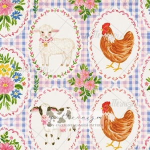 May include: A seamless fabric pattern featuring a blue and white gingham background with oval frames containing illustrations of a white lamb, a brown chicken, and a black and white cow, interspersed with pink and yellow floral bouquets.