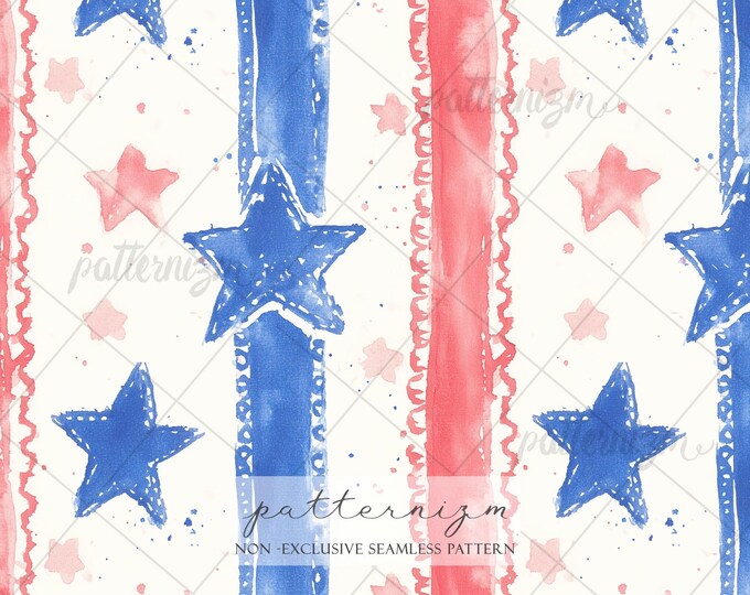 Patriotic Stars & Stripes Seamless Pattern – 4th of July Watercolor Americana Red Blue Stripe Star Fabric Design