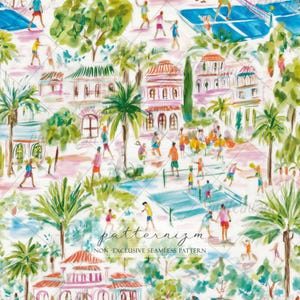 May include: Watercolor illustration of a resort scene with people playing sports, palm trees, and buildings. The image has a white background with a diamond pattern. The text "patternizm" and "NON-EXCLUSIVE SEAMLESS PATTERN" are at the bottom.