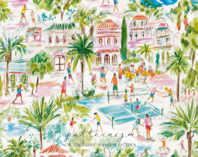 Tropical Tennis Resort Seamless Pattern – Watercolor Summer Vacation Design, Pickleball, Palm Tree Court Printable, Luxury Sport Fabric Art