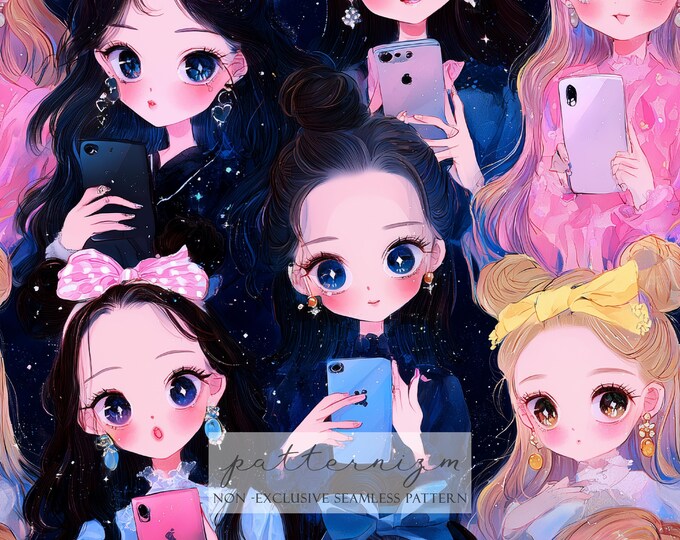 Kawaii Girl Seamless Pattern Digital Paper – Cute Anime Girls with Phones and Bows, Pastel Aesthetic Design for Journals & Crafts