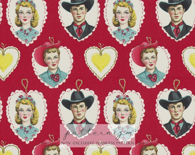 Vintage Western Valentine's Day Seamless Pattern – Retro Cowboy Texture Pattern, Red, Hearts, Scallop, American, Romantic, Digital Download