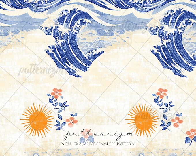 Seamless Ocean Wave Pattern Digital Download – Japanese Style Blue Sea & Sun Design, Coastal Summer Print, Beach Fabric Wallpaper