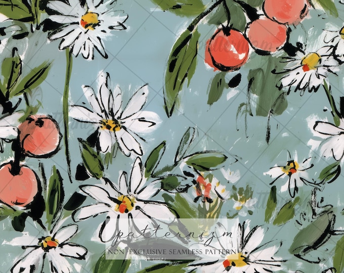 Seamless Daisy Cherry Pattern Digital Download – Vintage Floral Fruit Design, Cottagecore Summer Print, Botanical Fabric