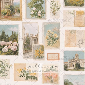 Vintage Botanical Gallery Seamless Pattern Digital Download – French Cottage Wall Art Design, Antique Floral Printable