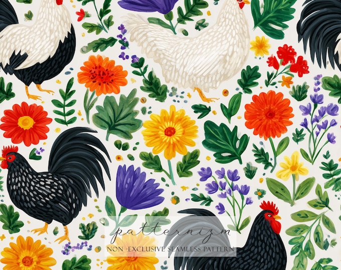 Colorful Chickens and Roosters Seamless Pattern Background, Farmhouse Hens Repeating Paper, Wallpaper, Cottagecore, Trendy, Trending Now