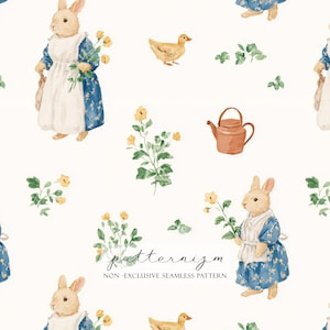 Puede incluir: Patrón de acuarela con un diseño repetitivo de un conejo con un vestido azul, un pato amarillo, flores amarillas y una tetera marrón. También se incluye el texto "patternizm" y "NON - EXCLUSIVE SEAMLESS PATTERN".