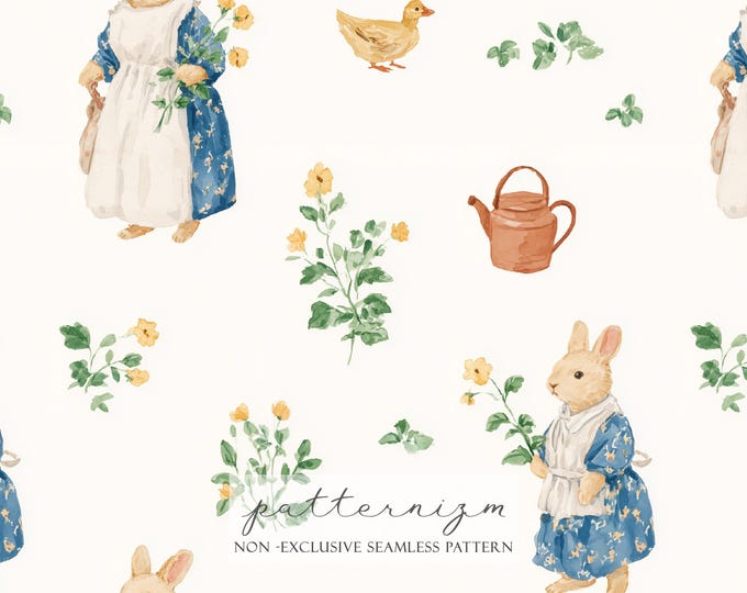 Easter Bunny Seamless Pattern – Cottage Bunny with Flowers and Garden Details, Spring Digital Paper