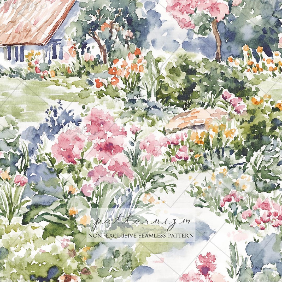 Seamless Cottage Garden Pattern Digital Download – Floral Landscape ...