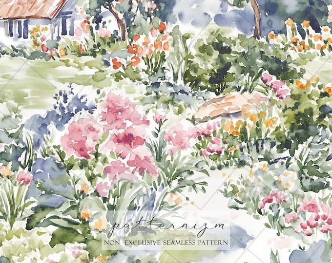 Seamless Cottage Garden Pattern Digital Download – Floral Landscape Design, English Garden Printable, Romantic Fabric