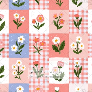 May include: Seamless pattern design featuring a grid of squares with floral illustrations. The squares alternate between pink gingham, solid pink, and light blue backgrounds. Each square contains a different flower illustration.