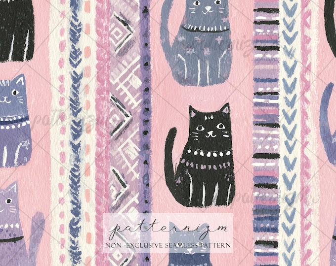Seamless Whimsical Cat Stripe Pattern Digital Download – Painted Folk Cats, Cute Nursery Fabric