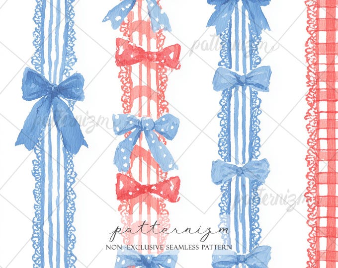 Seamless Patriotic Bow Pattern Digital Download – 4th of July Americana Lace Stripe & Gingham Ribbon Design, Cottagecore Fabric