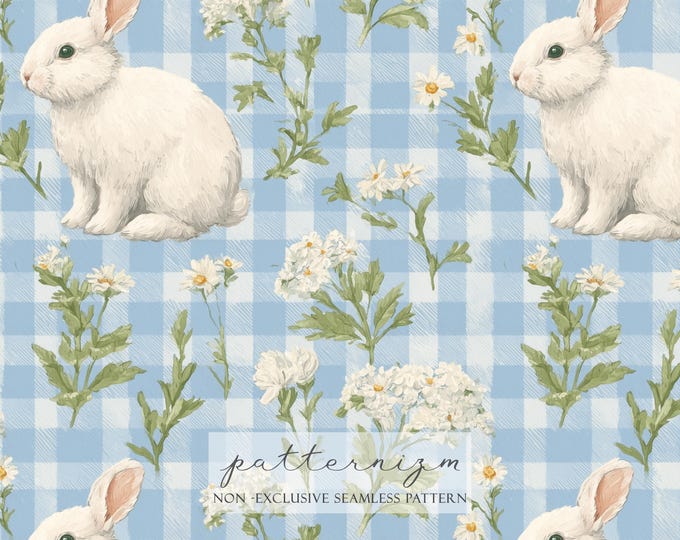 Seamless Blue Gingham Bunny Pattern Digital Download – Easter Rabbit Floral Repeat, Cottage Kids Fabric