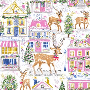 Puede incluir: Patrón sin costuras con ilustraciones de casas con tejados rosas y amarillos, adornadas con guirnaldas florales. Renos con lazos rojos y árboles de Navidad están presentes. El texto "patternizm" y "NON-EXCLUSIVE SEAMLESS PATTERN" se encuentra en la parte inferior.