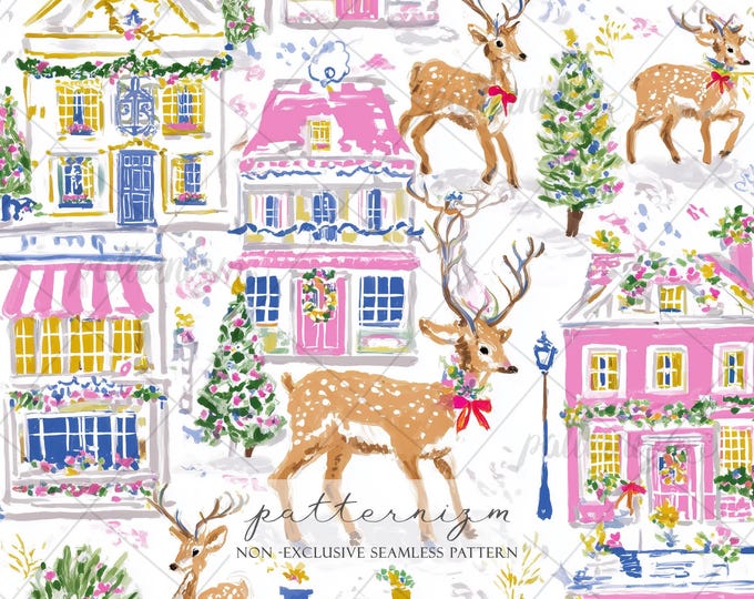 Seamless Christmas Village Pattern Digital Download – Festive Deer & Holiday House Design, Whimsical Winter Fabric Print