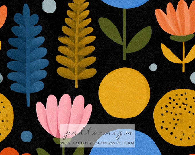 Bold Folk Floral Seamless Pattern – Colorful Retro Flowers on Black, Modern Digital Paper for Crafts & Fabric