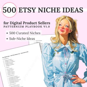 Puede incluir: Ilustración con el texto "500 Ideas de nichos de Etsy" y "para vendedores de productos digitales". La imagen presenta a una mujer con un vestido azul y un documento con ideas de nichos, incluyendo "Cottagecore".