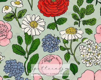 Vintage Botanical Seamless Pattern Digital Download – Cottage Garden Floral Design, Wildflower Fabric Print, Grandmillennial Style