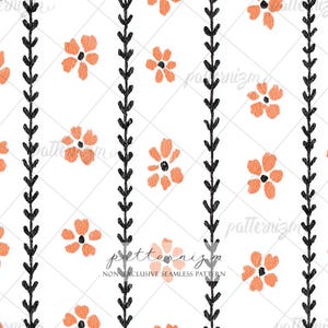 May include: A seamless pattern featuring orange flowers and black vertical lines on a white background. The design includes the text "patternizm NON EXCLUSIVE SEAMLESS PATTERN". The floral elements are evenly spaced.