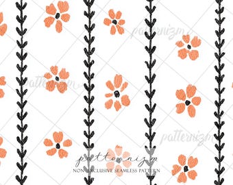 Seamless Halloween Autumn Floral Pattern Digital Download – Orange Flower & Black Vine Design, Whimsical Fall Nature Fabric for Crafts