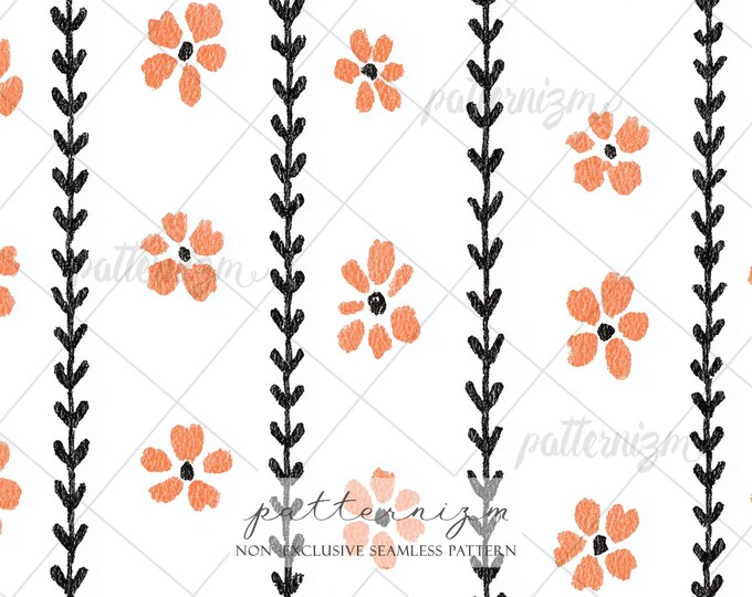 Seamless Halloween Autumn Floral Pattern Digital Download – Orange Flower & Black Vine Design, Whimsical Fall Nature Fabric for Crafts