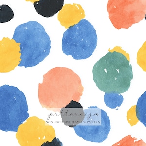Könnte beinhalten: Nahtloses Muster mit abstrakten Aquarellformen in Blau, Orange, Gelb, Schwarz und Grün auf weißem Hintergrund. Das Design enthält den Text "patternizm" und "NON - EXCLUSIVE SEAMLESS PATTERN".
