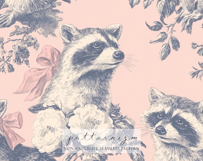 Seamless Raccoon Toile Pattern Digital Download – Vintage Woodland Raccoons with Bows, Elegant Nursery Repeat, Pink Blue Toile