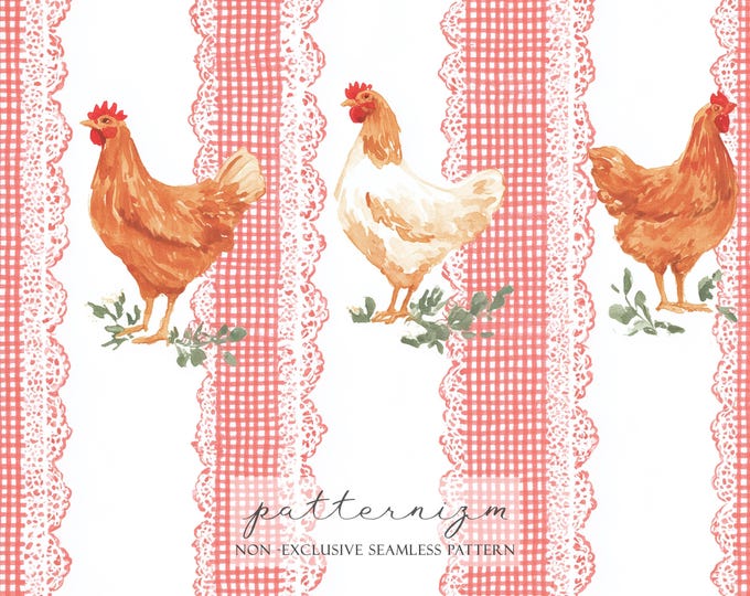 Farmhouse Chicken Stripe Seamless Pattern – Red Gingham with Lace Trim, Rustic Watercolor Digital Paper