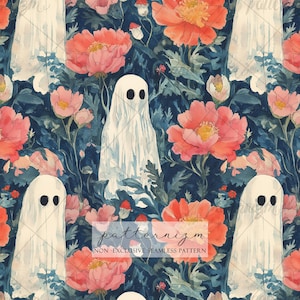 May include: A seamless pattern with white ghosts with black eyes, coral and pink flowers, and green foliage on a dark blue backdrop. The text "patternizm" is visible. A whimsical design suitable for fabric or wallpaper.